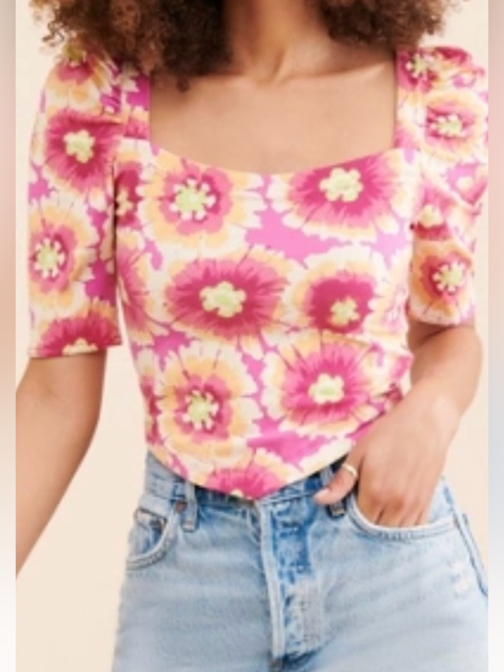 Medium Free People Pink Floral Square-Neck Women’s Top